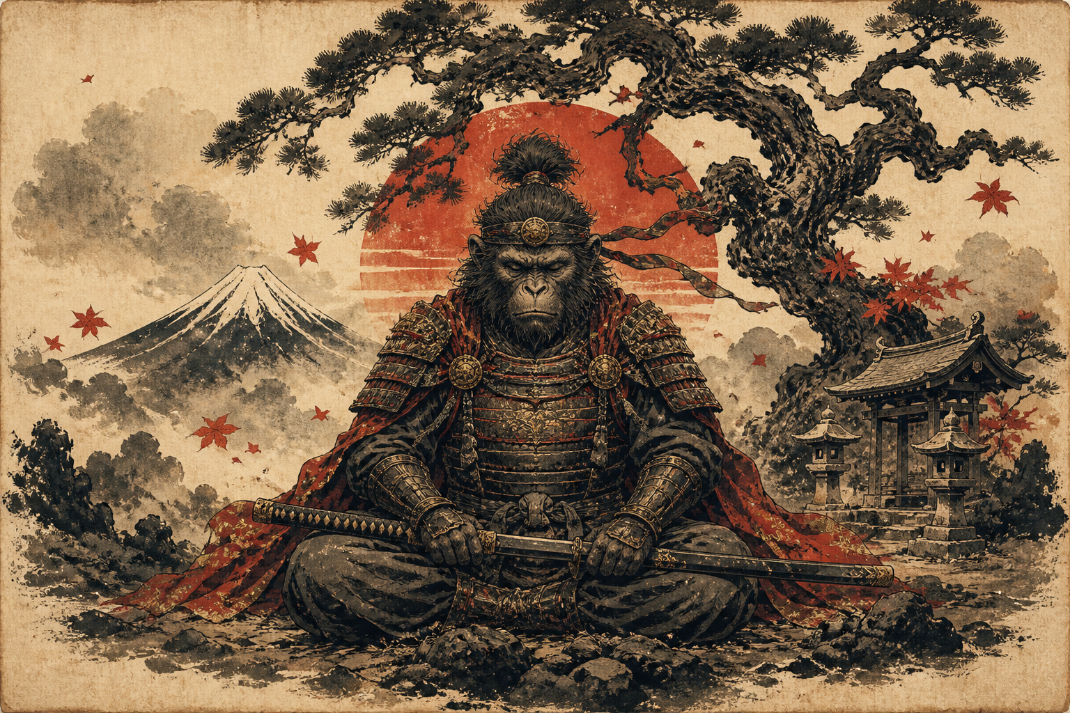 Samurai ape meditating beneath an ancient pine tree
